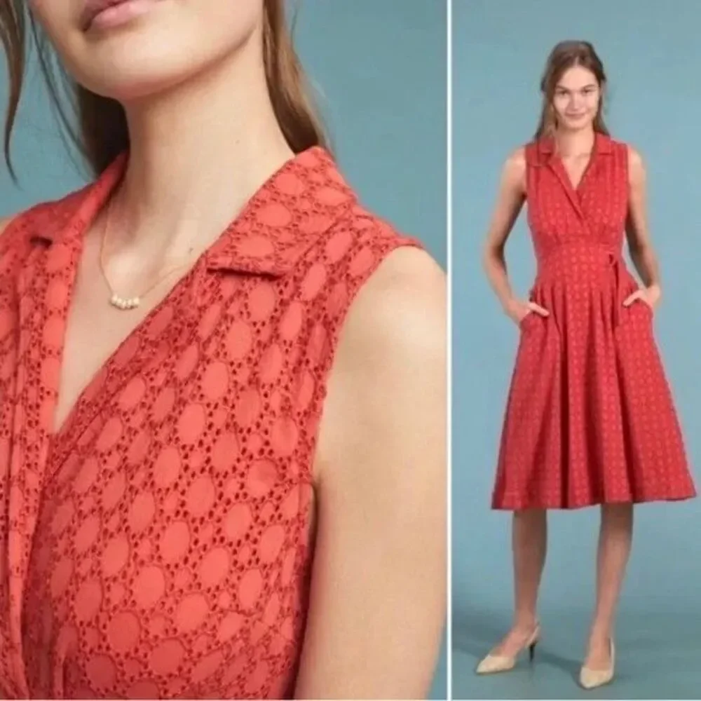 Anthropologie Elm Collared Eyelet Dress Sleeveless Coral Orange - Picture 5 of 16